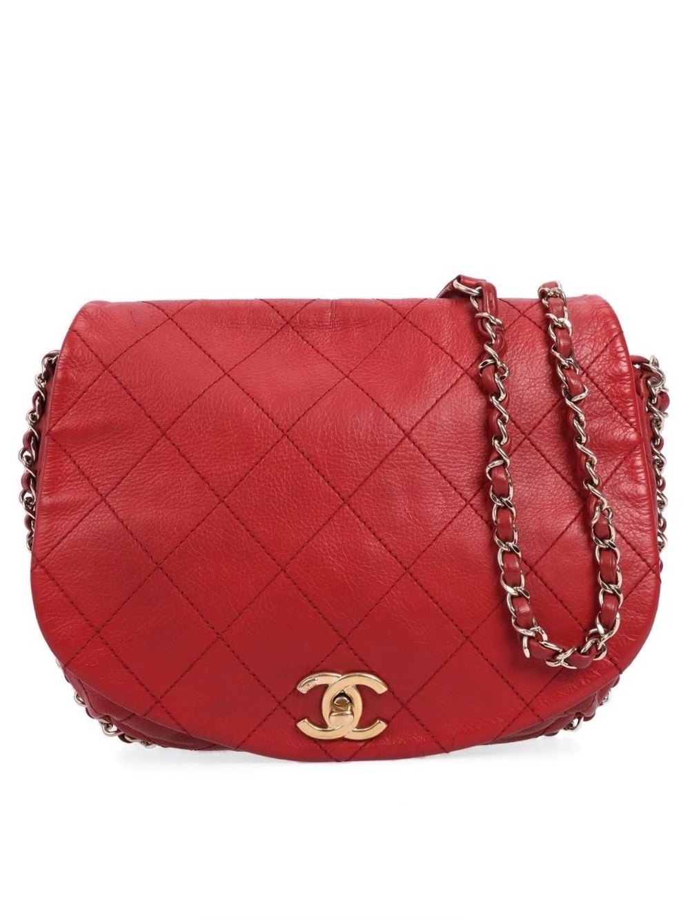 CHANEL Red Quilted Leather Half-Moon Crossbody with Gold Hardware